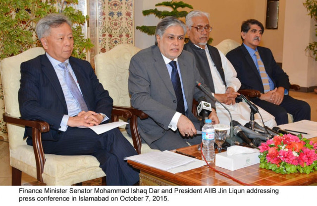 finance minister mohammad ishaq dar and president aiib jin liqun address a press conference in islamabad on october 7 2015 photo pid finance minister mohammad ishaq dar and president aiib jin liqun address a press conference in islamabad on october 7 2015 photo pid