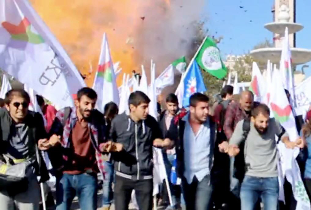 this video grab image taken from footage made avaliable by local source quot dokuz8 haber quot shows the moment an explosion ripped through a gathering ahead of a planned peace rally in ankara on october 10 2015 photo afp