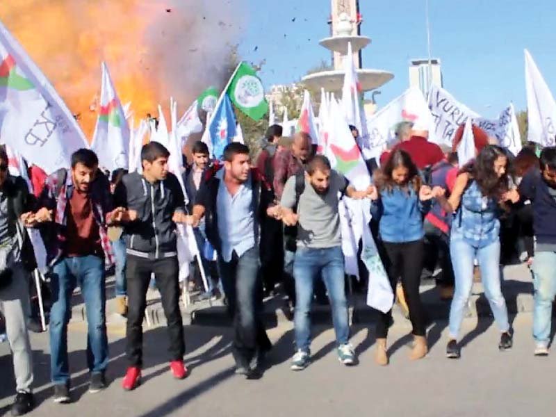 screen grab from cnn turk shows activists flinching as a large explosion flashes behind them photo afp