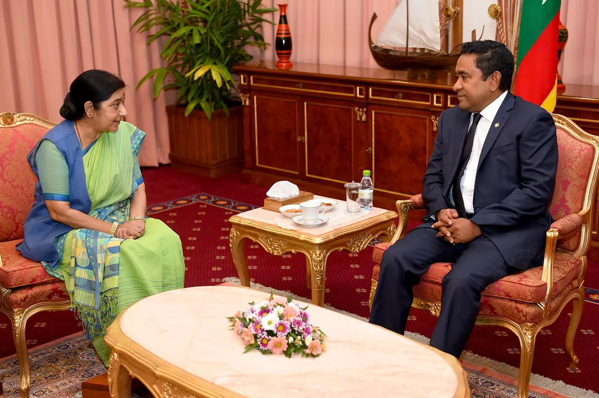 president abdulla yameen meets indian external affairs minister sushma swaraj on october 11 photo the presidency republic of maldives president abdulla yameen meets indian external affairs minister sushma swaraj on october 11 photo the presidency republic of maldives