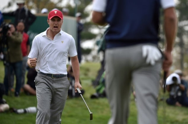 jordan spieth of the us celebrates his team 039 s win on the 18th hole during the round three foursome matches of the presidents cup at the jack nicklaus golf club in incheon west of seoul on october 10 2015 photo afp jordan spieth of the us celebrates his team 039 s win on the 18th hole during the round three foursome matches of the presidents cup at the jack nicklaus golf club in incheon west of seoul on october 10 2015 photo afp