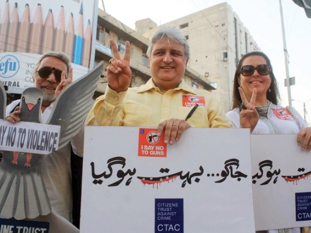 the citizens trust against crime held a protest at the metropole hotel to demand promotion of peace in the city urging all civilians to voice their concerns over the law and order situation in karachi photo ppi