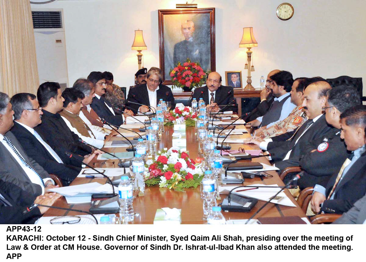 cm sindh qaim ali shah presiding over a meeting of law and order at cm house on october 12 2015 photo app