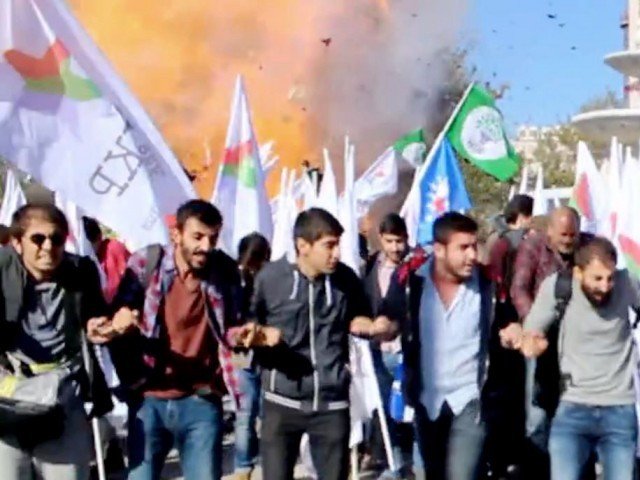 this video grab image taken from footage made avaliable by local source quot dokuz8 haber quot shows the moment an explosion ripped through a gathering ahead of a planned peace rally in ankara on october 10 2015 photo afp
