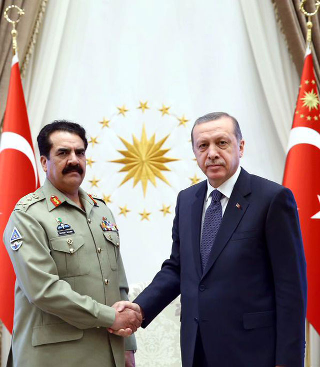 army chief general raheel sharif shakes hand with turkish president recep tayyip erdogan prior to the meeting on october 13 2015 photo ispr