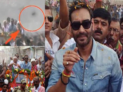 shoe thrown at ajay devgn during political rally shoe thrown at ajay devgn during political rally