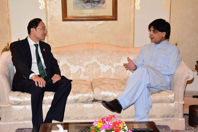 chinese ambassador to pakistan sun weidong in a meeting with interior minister chaudhry nisar ali khan in islamabad on october 14 2015 photo express