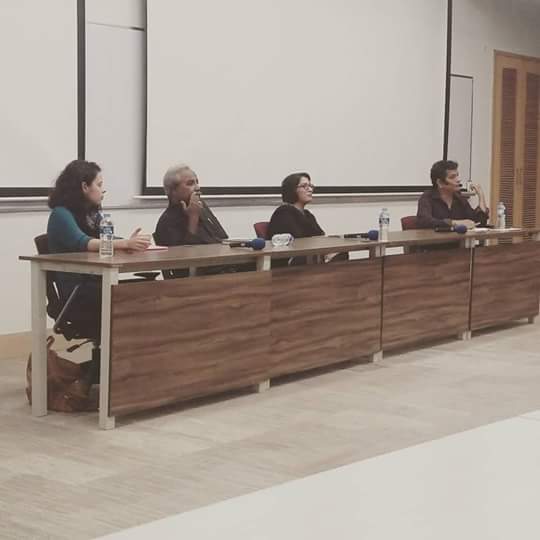 the panelists saher baloch akhter baloch and mahim maher sit alongside the moderator mohammad hanif at habib university on october 17 2015 photo twitter uzairibrahim