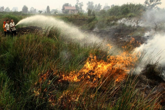 men use a hose to put out a fire in banyuasin indonesia on october 7 2015 photo afp men use a hose to put out a fire in banyuasin indonesia on october 7 2015 photo afp