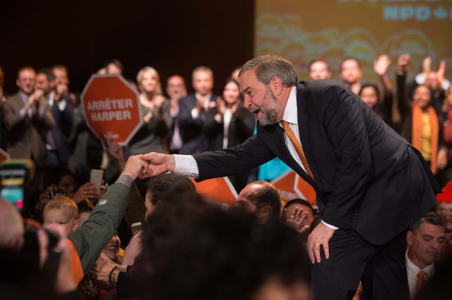 canadian new democratic party ndp leader tom mulcair greets supporters at a rally in montreal on october 18 2015 photo afp
