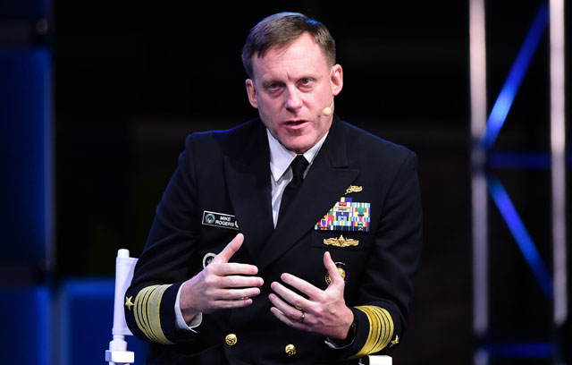 admiral michael rogers director of the national security agency gestures while speaking on october 19 2015 in laguna beach california at the opening of the 2015 wsjd live the event brings together top ceos founders pioneers investors and luminaries to explore the most exciting tech opportunities emerging around the world photo afp