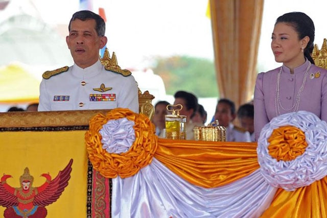 this file picture taken on may 13 2010 shows thai crown prince maha vajiralongkorn left and princess srirasmi right as they attend the annual royal ploughing ceremony at sanam luang in bangkok photo afp