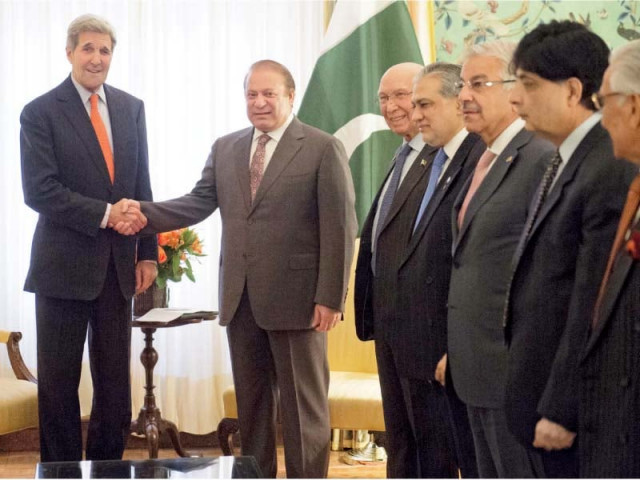 pm nawaz shakes hands with secretary of state kerry as members of his cabinet look on photo afp pm nawaz shakes hands with secretary of state kerry as members of his cabinet look on photo afp