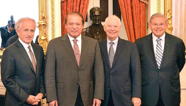 prime minister nawaz sharif with chairman us senate committee on foreign relations senator bob croker 1st left and other members of the committee in washington on october 22 2015 photo app