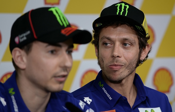 valentino rossi r of italy and jorge lorenzo l of spain on october 22 2015 photo afp