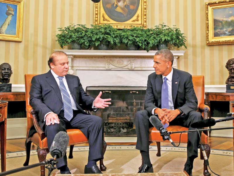 pm nawaz sharif and us president barack obama talk during a meeting at the white house photo reuters