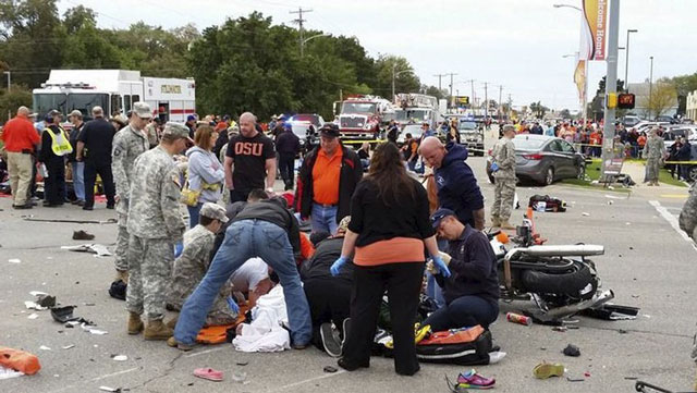 people attend to the injured at the scene of a car crash after a car drove into a homecoming parade at oklahoma state university in stillwater oklahoma on october 24 2015 photo reuters