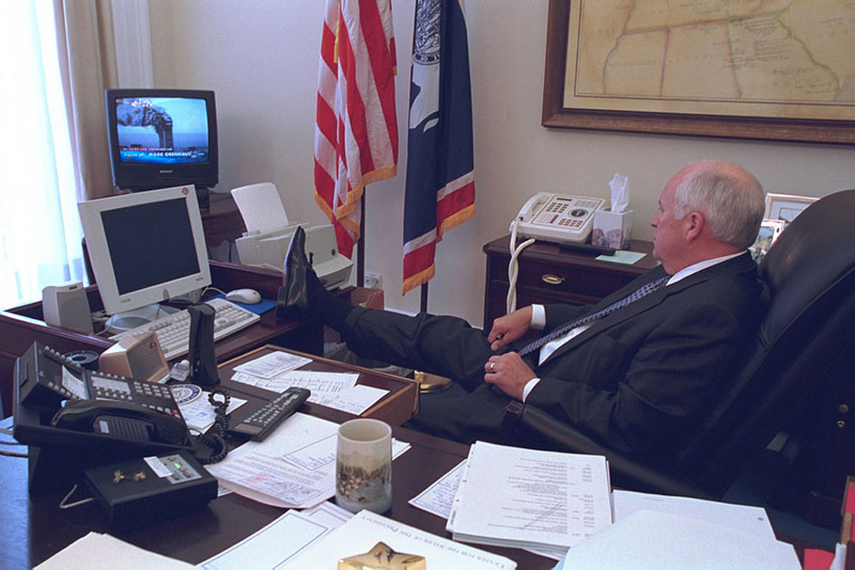 vice president cheney watches as the first reports of terrorist attacks appear on television on september 11 2001 within minutes he would be frog marched by secret service agents to the basement elevator of the white house photo courtesy us national archives