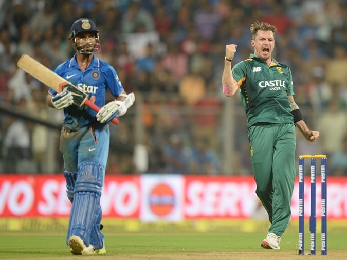 south africa 039 s dale steyn r celebrates after his dismissal of india 039 s ajinkya rahane l during the fifth one day international odi cricket match between india and south africa in mumbai on october 25 2015 photo afp