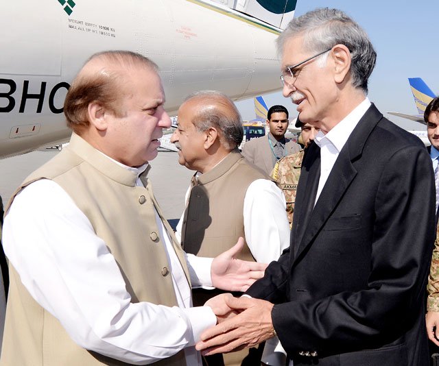 khyber pakhtunkhwa chief minister pervez khattak receives prime minister nawaz sharif upon his arrival in peshawar on october 28 2015 photo nni