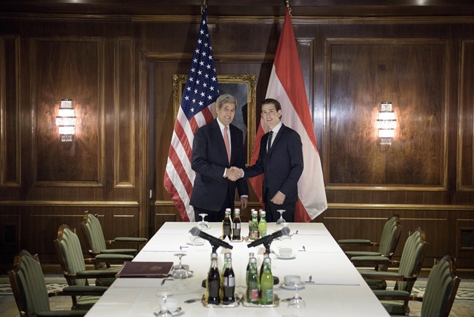 john kerry l and sebastian kurz r shake hands before a meeting at the hotel imperial october 29 2015 in vienna austria photo afp