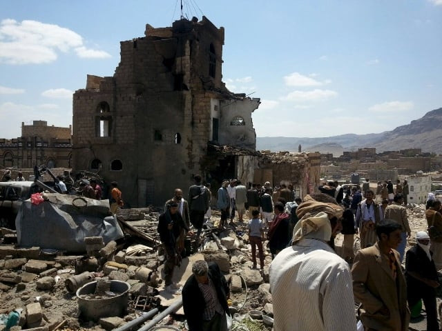 people gather at the site of a saudi led air strike in central in yemen in this october 8 2015 handout provided by the al sanabani family photo reuters
