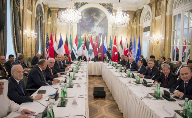 john kerry c l and sergei lavrov c r chat before talks with 17 nations the european union and united nations at the hotel imperial in vienna on october 30 2015 photo afp john kerry c l and sergei lavrov c r chat before talks with 17 nations the european union and united nations at the hotel imperial in vienna on october 30 2015 photo afp
