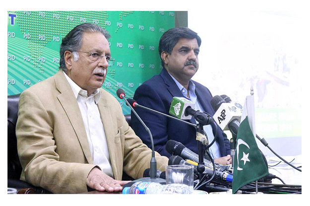 minister for information broadcasting and national heritage senator pervaiz rashid addressing a press conference photo app