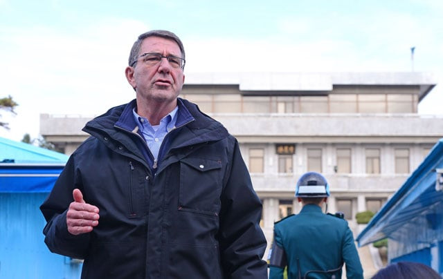 us defense secretary ashton carter speaks to the media as he visits the truce village of panmunjom in the demilitarised zone dividing the two koreas on november 1 2015 photo afp