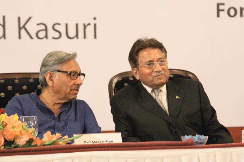 ex president gen retd pervez musharraf and indian peace activist mani shankar aiyar exchange views at the book launch photo ayesha salim express