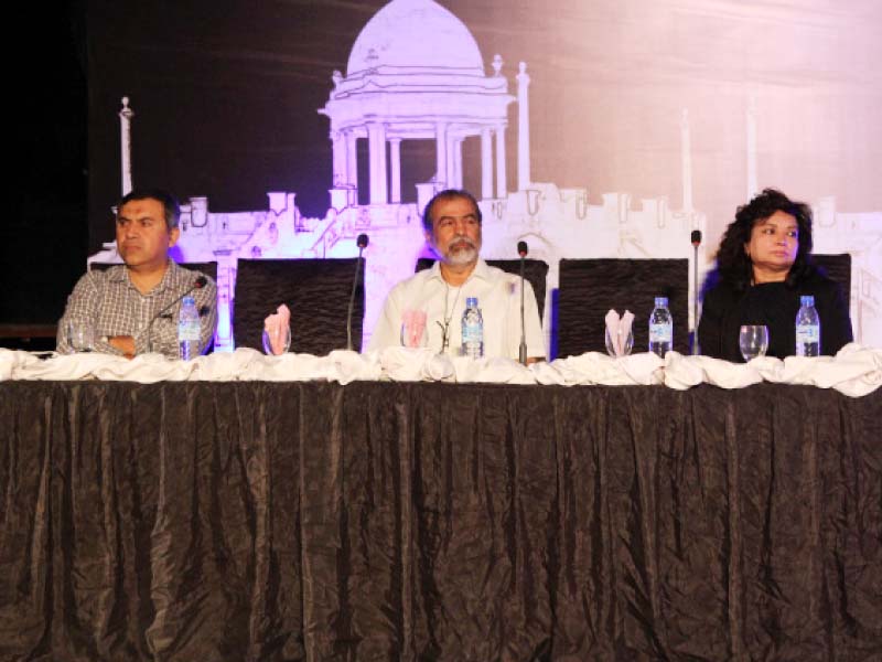 prof noman ahmed dr kaleemullah lashari and dr asma ibrahim talking about the preservation and documentation of historical sites in the city during a session titled karachi s built heritage on the second day of the 3rd international karachi conference photo aysha saleem express