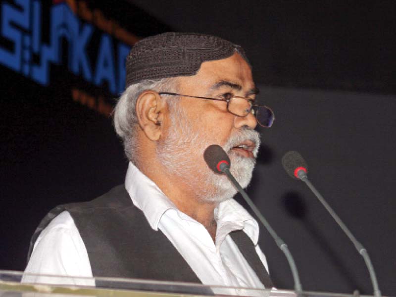 ghulam rasool kalmati addressing the session titled reminiscence part i on the second day of the third international karachi conference 2015 photo athar khan express