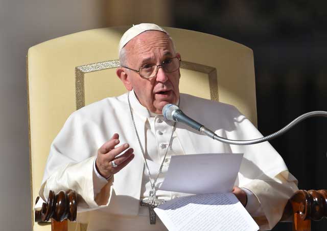 in this file picture pope francis speaks during his weekly general audience at st peter 039 s square on november 4 2015 at the vatican photo afp