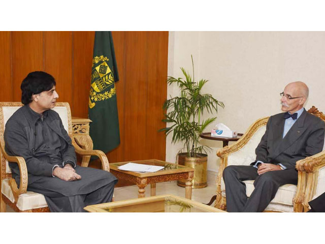 interior minister chaudhry nisar meets eu ambassador jean francois cautain in islamabad on monday photo pid