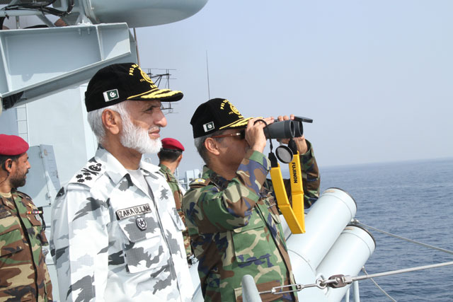 chief of the naval staff admiral muhammad zakaullah and pakistan air force chief sohail aman review exercise seaspark 2015 on november 9 2015 photo pakistan navy