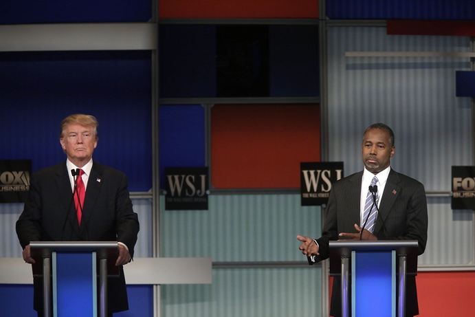donald trump l and ben carson r participate in the republican presidential debate on november 10 2015 in milwaukee wisconsin photo afp