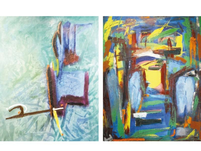 a total of 13 brightly coloured paintings with abstract designs are on display photos express a total of 13 brightly coloured paintings with abstract designs are on display photos express