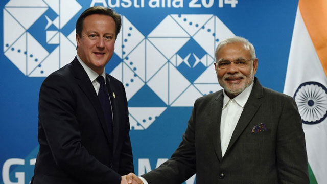 britain 039 s prime minister david cameron l shakes hands with india 039 s prime minister narendra modi r during a bilateral meeting on the sidelines of the g20 summit in brisbane on november 2014 photo afp