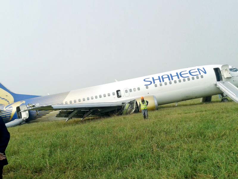 shaheen air jet seen after an emergency landing at the allama iqbal international airport in lahore on november 3 2015 photo shafiq malik express