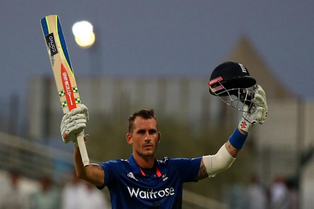 england 039 s alex hales celebrates reaching his first one day international century in the second match of the series against pakistan in abu dhabi on november 13 2015 photo afp