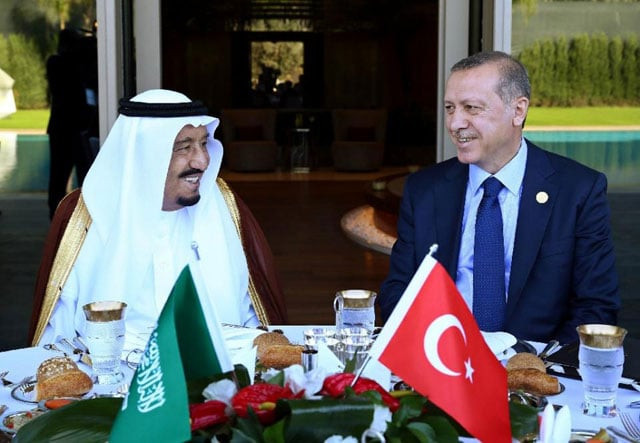 president of turkey recep tayyip erdogan r meets with saudi king salman bin abdul aziz al saud before the upcoming g20 turkey leaders summit on november 14 2015 in antalya photo afp