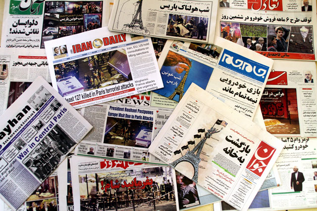 a photo taken on november 15 2015 in the iranian capital tehran shows newspapers bearing the headlines of the deadly paris attack that left more than 120 people dead in the worst such violence in france 039 s history photo afp