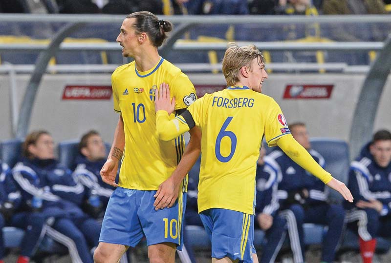 forsberg scored his first international goal before record scorer ibrahmivoc made it 2 0 from the spot in sweden s 2 1 win over denmark photo afp