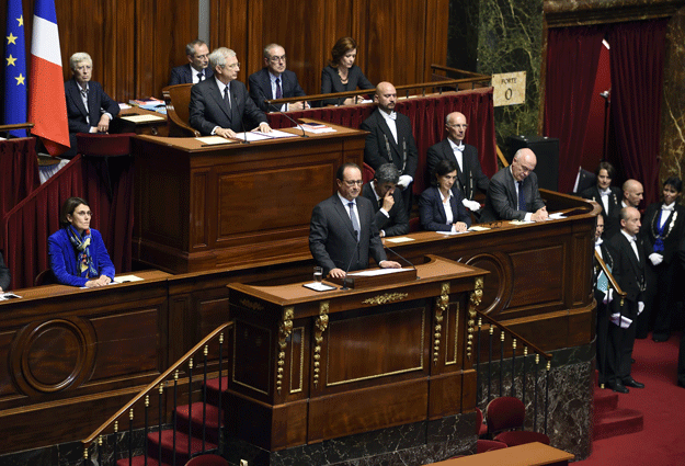 french president francois hollande c delivers a speech to members of parliament during an exceptional joint gathering of parliament in versailles on november 16 2015 photo afp