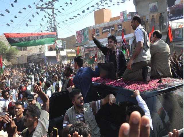 ppp chairman bilawal bhutto zardari waves hands to his supporters during an election rally in badin