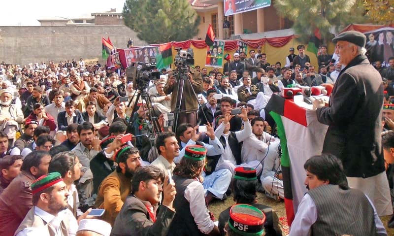 khursheed shah addresses party workers in timergara lower dir before heading to shangla photo inp