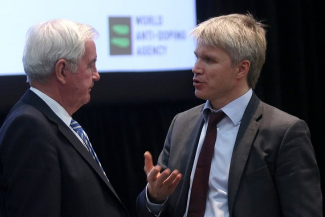 sir craig reedie l wada president and ioc vice president of the united kingdom talks to pavel kolobkov russia 039 s deputy minister of sport during the world anti doping agency wada foundation meeting on november 18 2015 in colorado springs colorado photo afp
