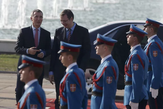 nato secretary general jens stoltenberg l talks to serbian prime minister aleksandar vucic prior their meeting in belgrade serbia november 20 2015 photo reuters nato secretary general jens stoltenberg l talks to serbian prime minister aleksandar vucic prior their meeting in belgrade serbia november 20 2015 photo reuters
