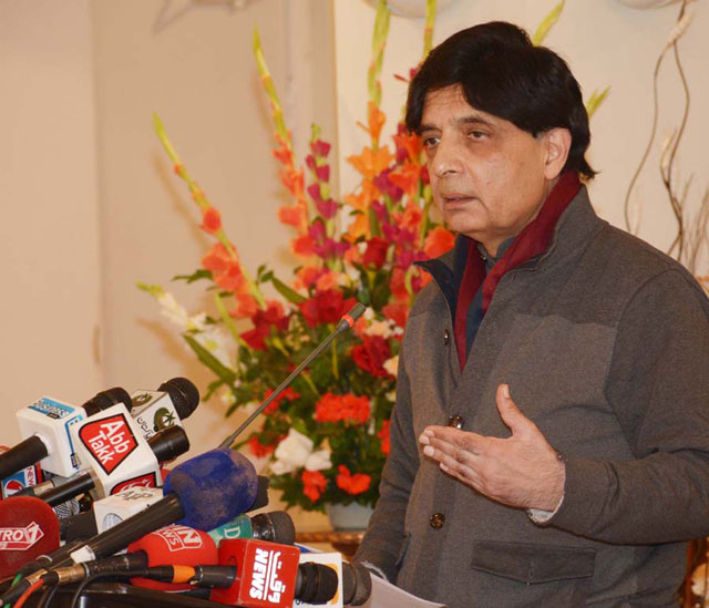 interior minister chaudhry nisar ali khan addressing a press conference at punjab house in islamabad on november 20 2015 photo pid