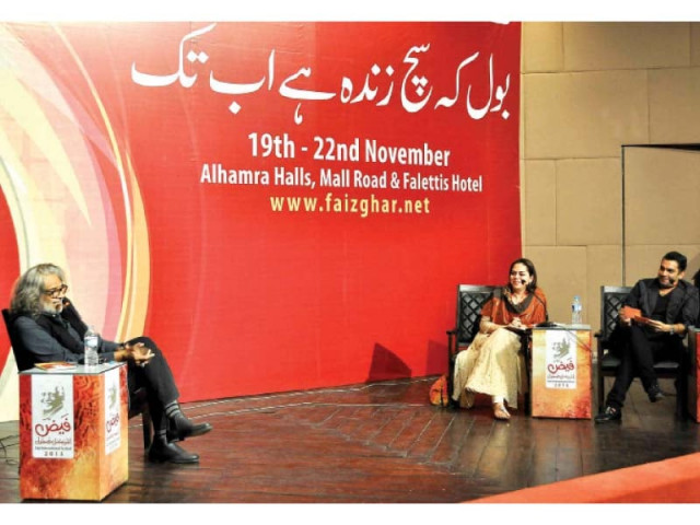 filmmaker muzaffar ali in conversation with academic meera hashmi and director sarmad khoosat on saturday photo abid nawaz express